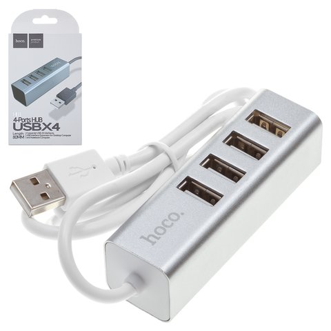 USB хаб Hoco HB1, USB тип A, 80 см, 4 порты, серебристый, #6957531038146