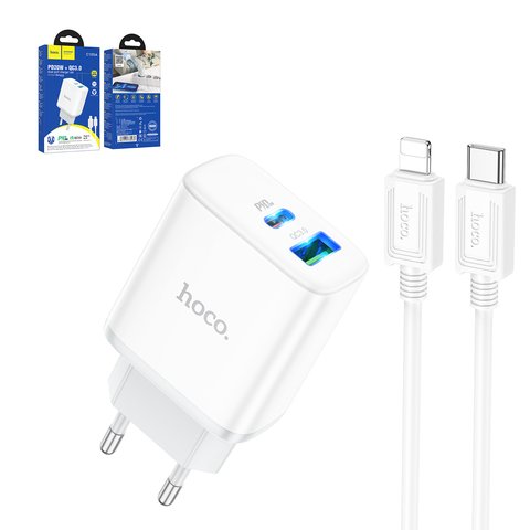 Мережевий зарядний пристрій Hoco C105A, 20 Вт, Power Delivery PD , білий, з кабелем USB тип C до Lightning для Apple, 2 порта, #6931474782939