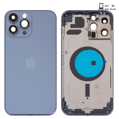 Housing compatible with iPhone 13 Pro Max, dark blue, with SIM card holders, with side buttons, sierra blue 