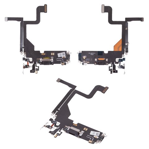 Flat Cable compatible with iPhone 13 Pro, charge connector, black, with microphone, with components, HC, graphite 