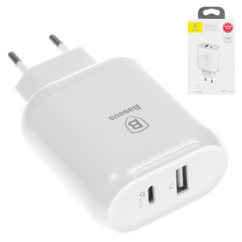 Adaptador de red Baseus BS EUQC02, 32 W, Quick Charge, 220 V, USB Type C entrada 5V 3A 9V 2.5A 12V 2A 15V 1.8A , salidas USB 5V 1A , blanco, #CCALL BG02