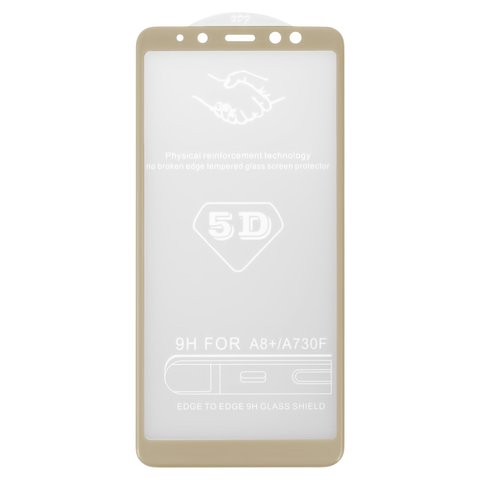 Защитное стекло All Spares для Samsung A730 Galaxy A8+ 2018 , 5D Full Glue, золотистый, cлой клея нанесен по всей поверхности