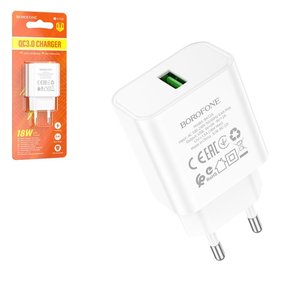 Мережевий зарядний пристрій Borofone BA72A, 18 Вт, Quick Charge, білий, 1 порт, #6974443388558